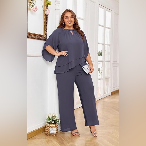 Hanna Nikole Mother of Bride 2 piece Chiffon Pant Suits Plus Size Half Sleeve - Picture 3 of 10